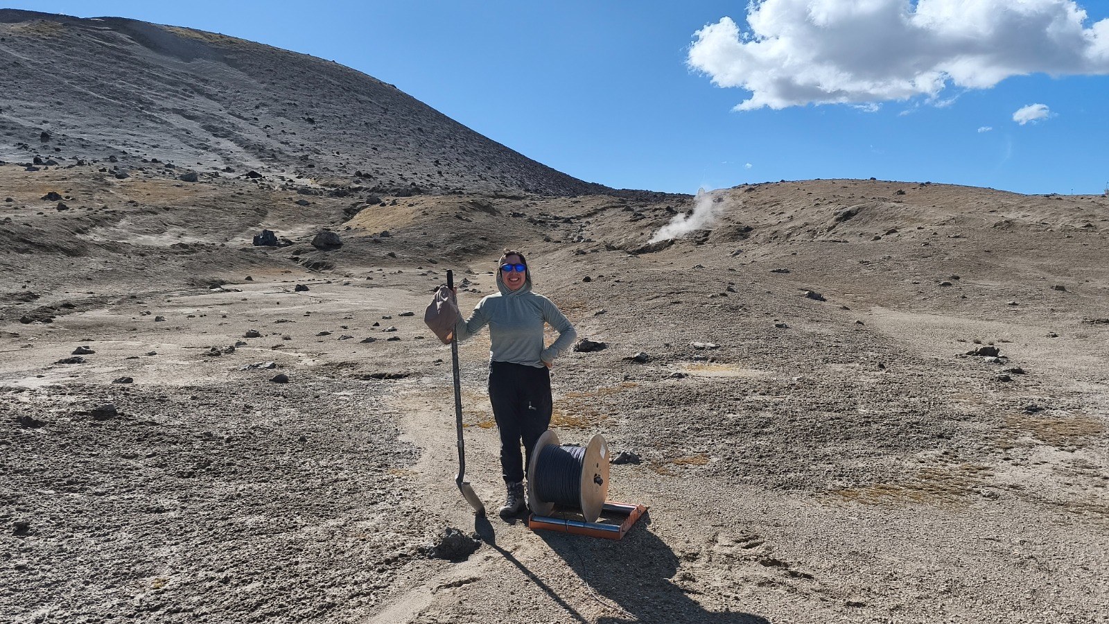 Fieldwork at Cordón Caulle with volcanic steam in the background