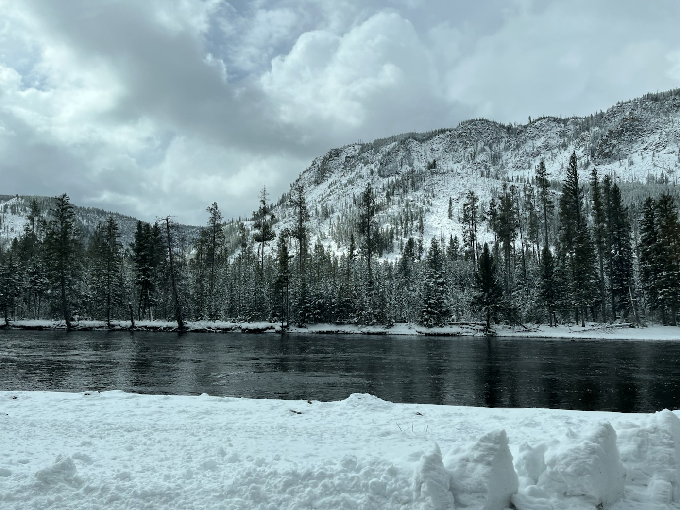Snowy river landscape in Yellowstone